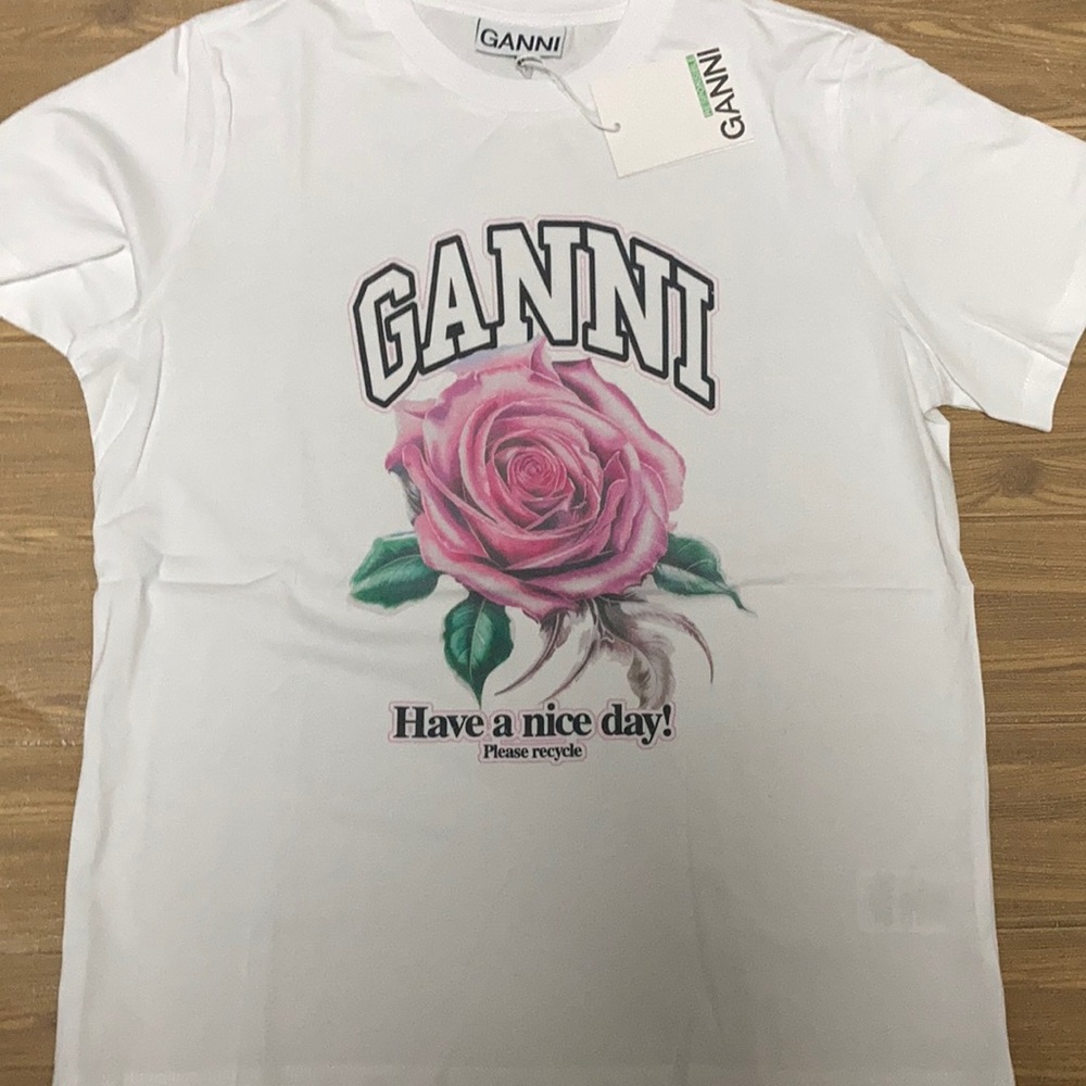 Ganni White T-Shirt rose pattern short sleeved top size Large